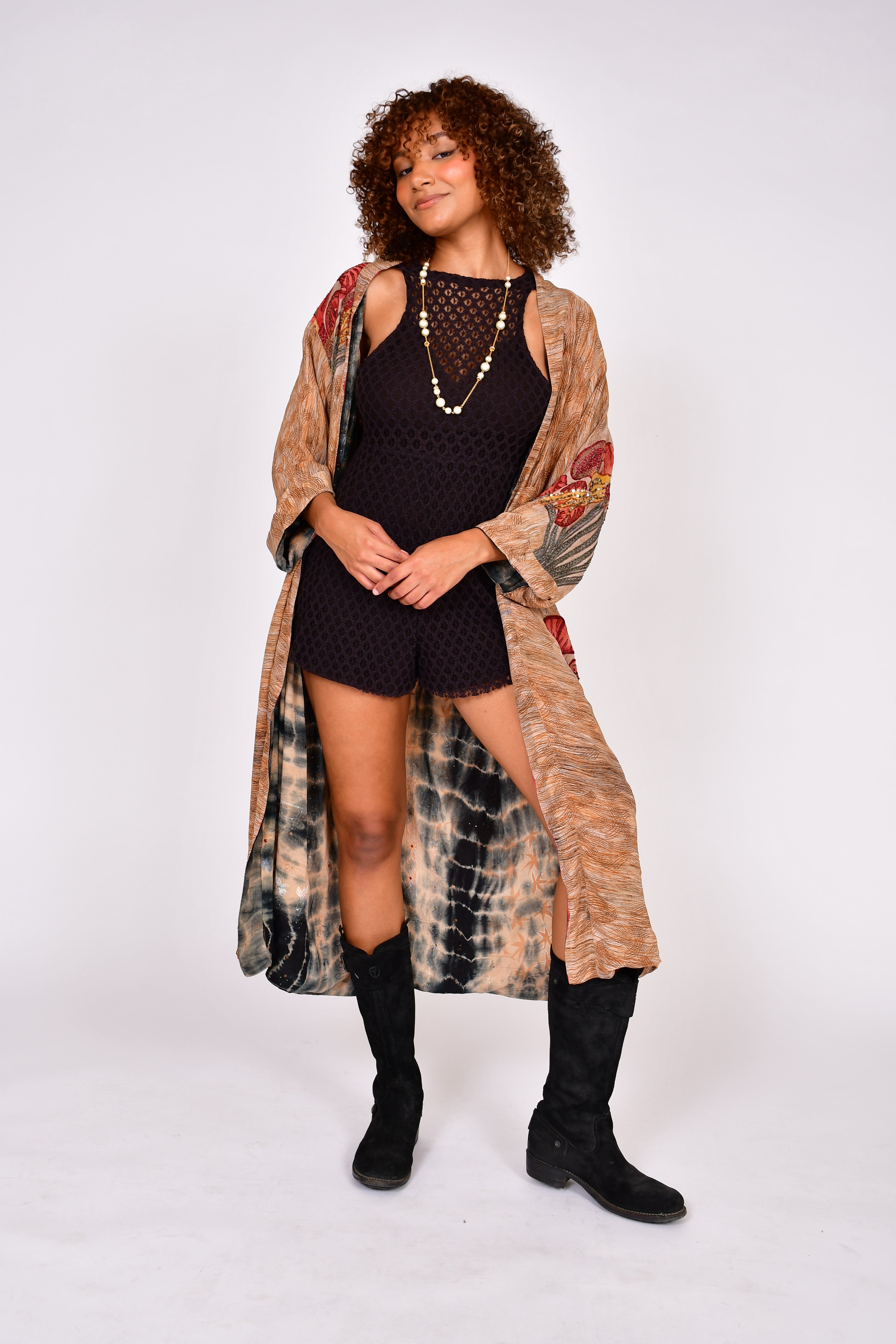 Reversible 100% vintage silk kimono style duster with boots.  Each piece is one-of-a-kind.