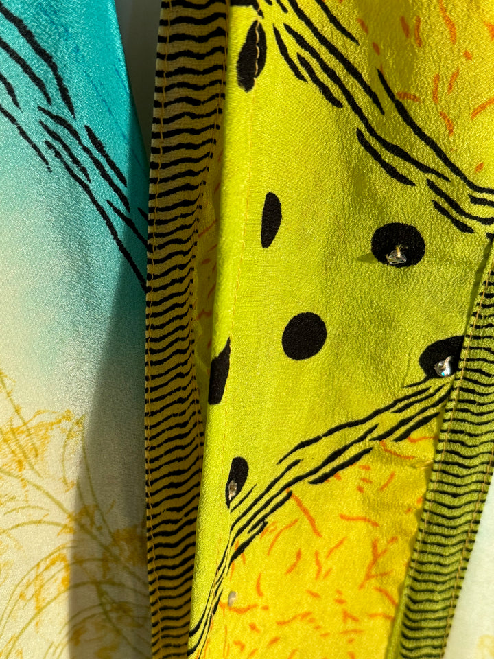 Yellow and blue and black print vintage silk