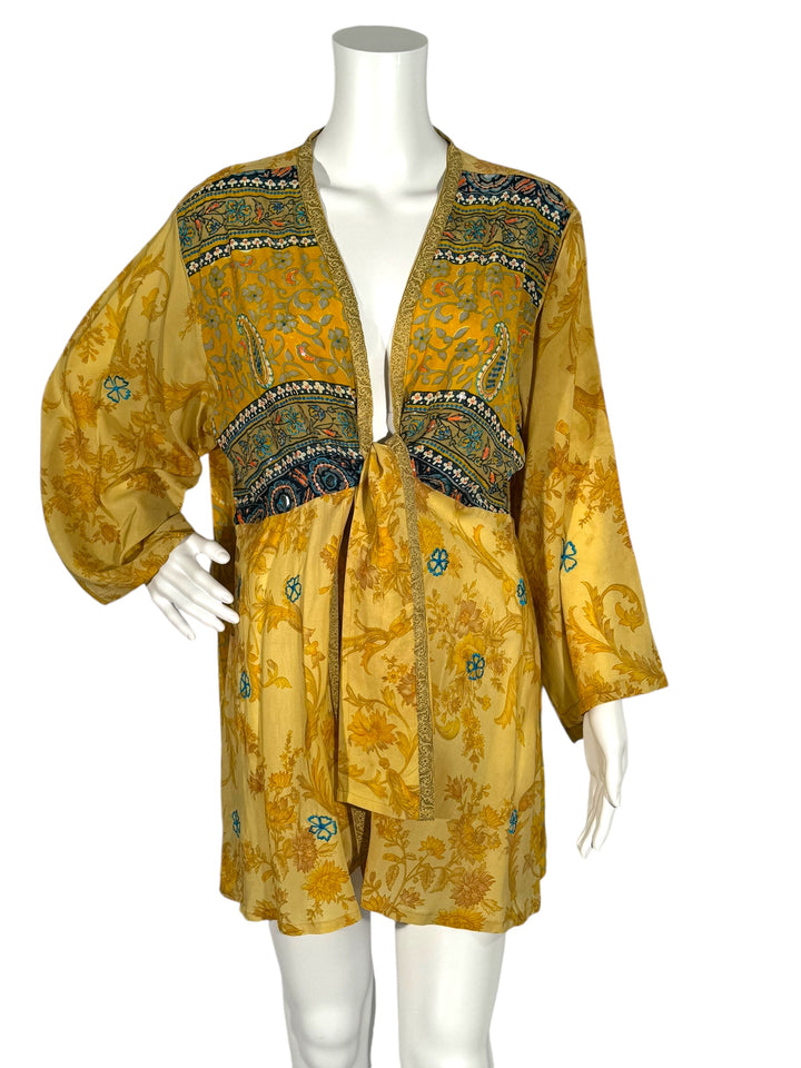 Front view short tie kimono jacket in vintage silk in yellow with embroidery