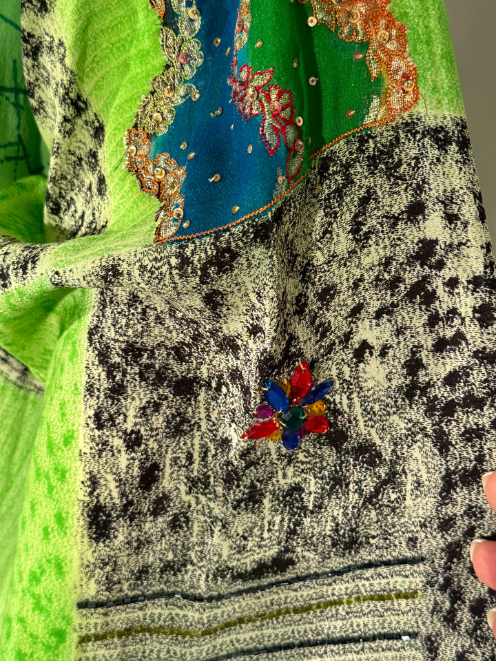 Green vintage silk with print and embroidery