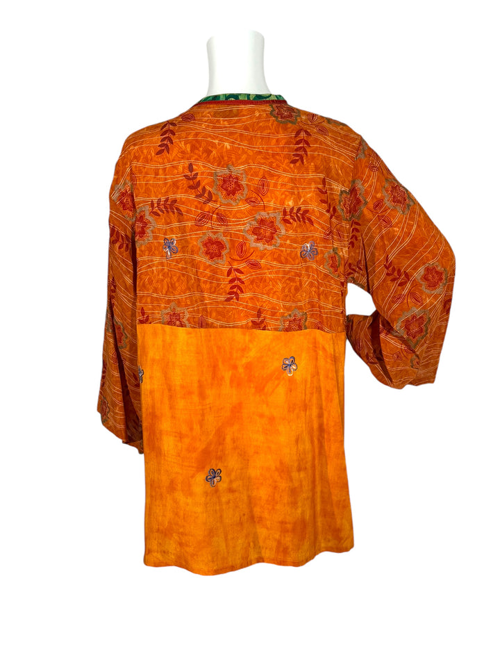 Front view short tie kimono jacket in vintage silk orange with embroidery