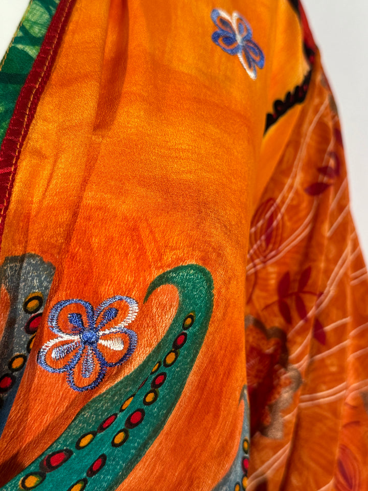 Orange vintage silk with green print and embroidery