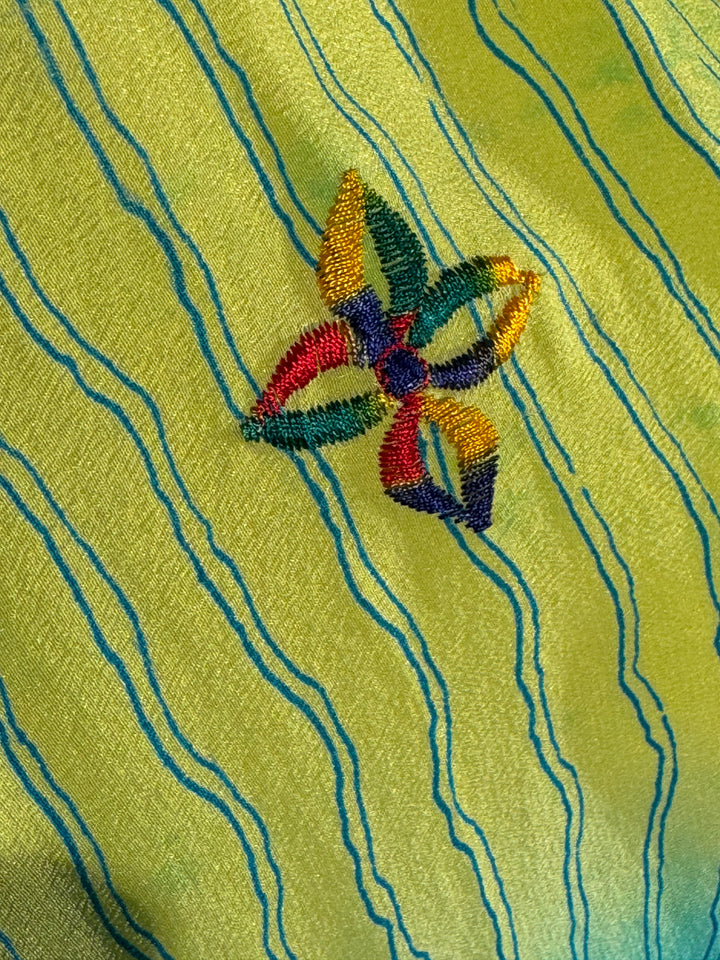 Green vintage silk with multi color embroidery