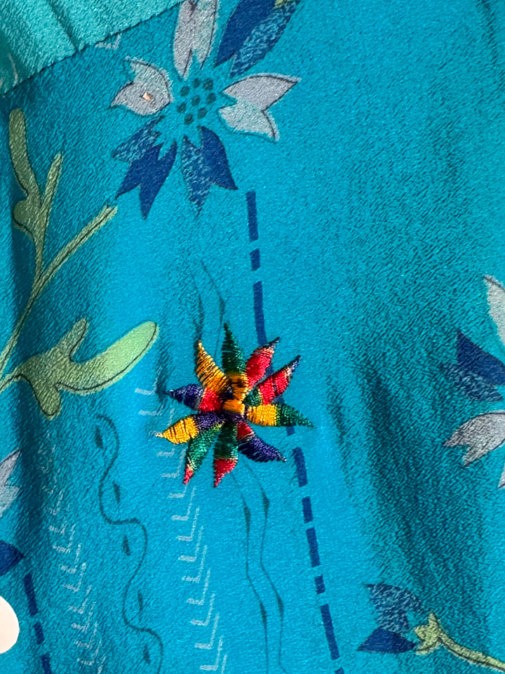 Blue vintage silk with multicolor floral embroidery