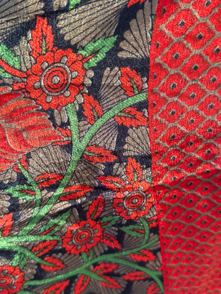 Red and navy print on sustainable silk blend dress.