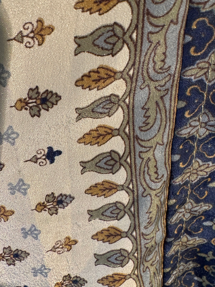 Beige and navy print on sustainable silk blend dress.
