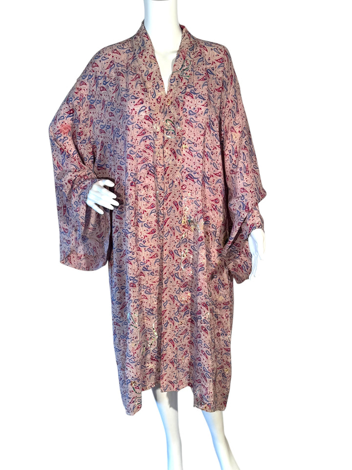 Front view of pink and blue paisley unisex vintage silk kimono
