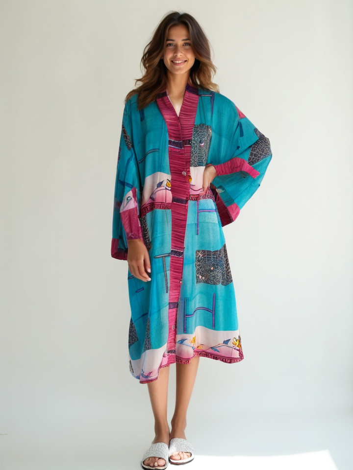 MOdel wearing Unisex loose pink and blue vintage silk kimono with spider web pattern