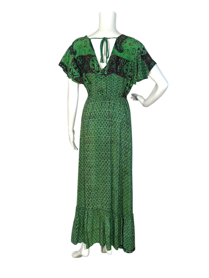 Emily dress #156 in green paisley vintage silk with pink embroidery back view