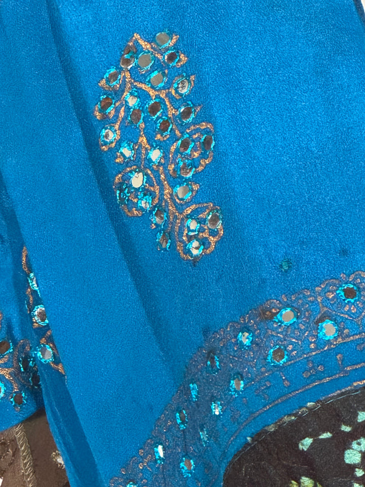 Brigh blue vintge silk with silver sequins