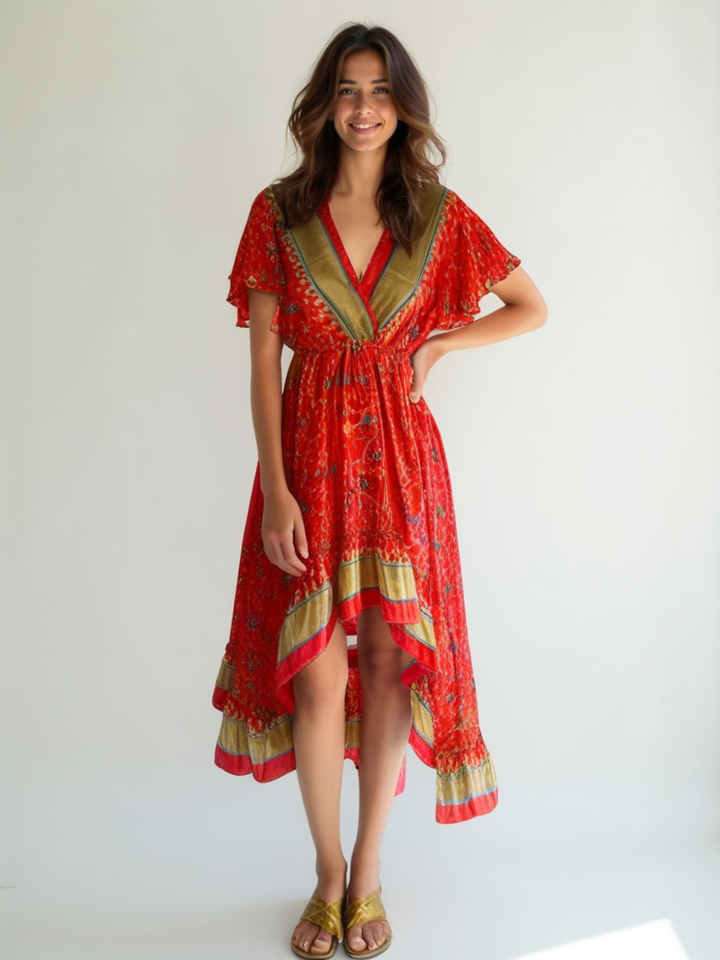 Model wearing red Emily dress #107