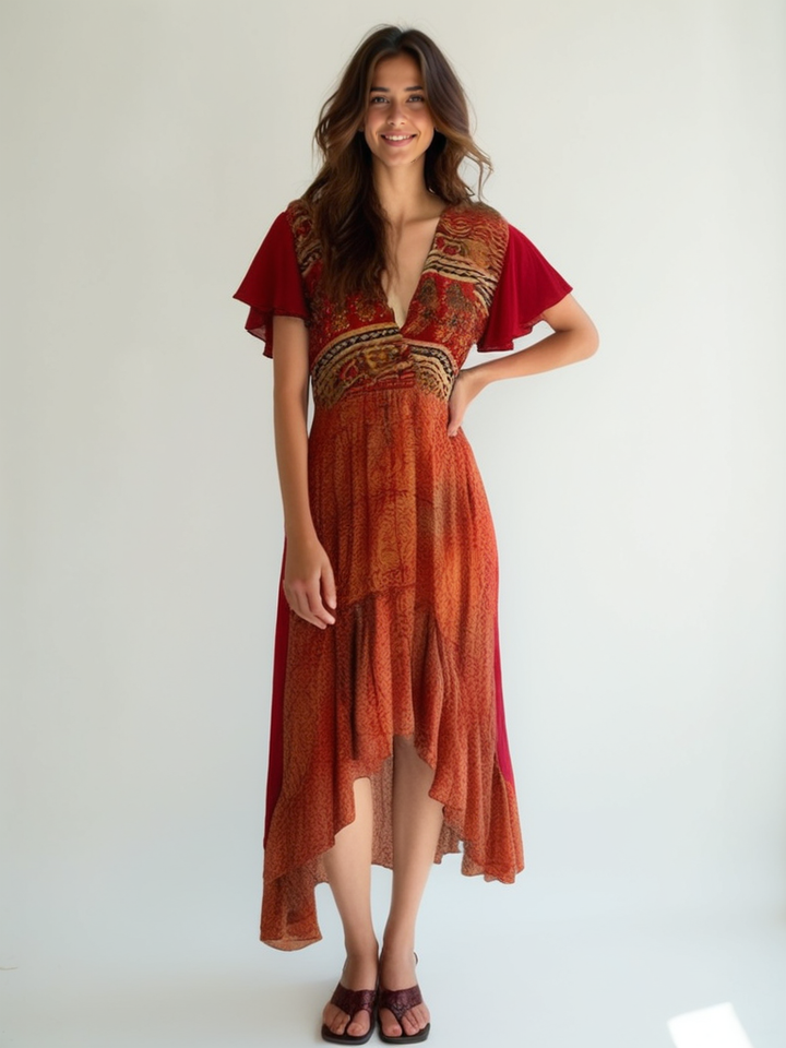 Emily red orange #135 dress on model
