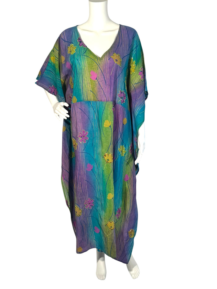Ivy Kaftan by Silk Ranch in green and purple vintage silk with sequins and embroidery
