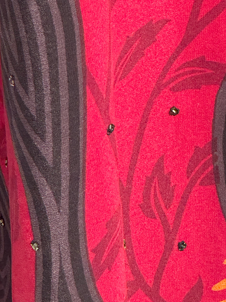 Ivy Kaftan by Silk Ranch in red vintage silk with black swirls, embroidery and golden sequins , fabric detail 1