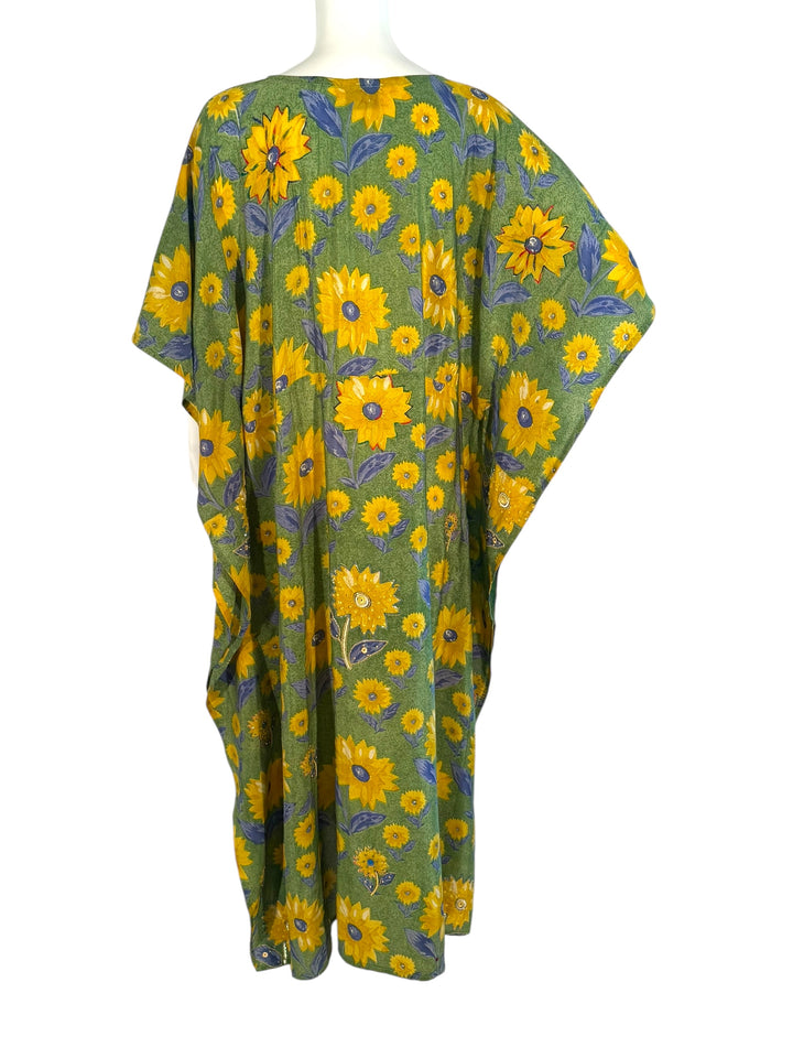 Ivy Kaftan by Silk Ranch in green vintage silk with yellow and bllue un flowers  and golden sequins, back view
