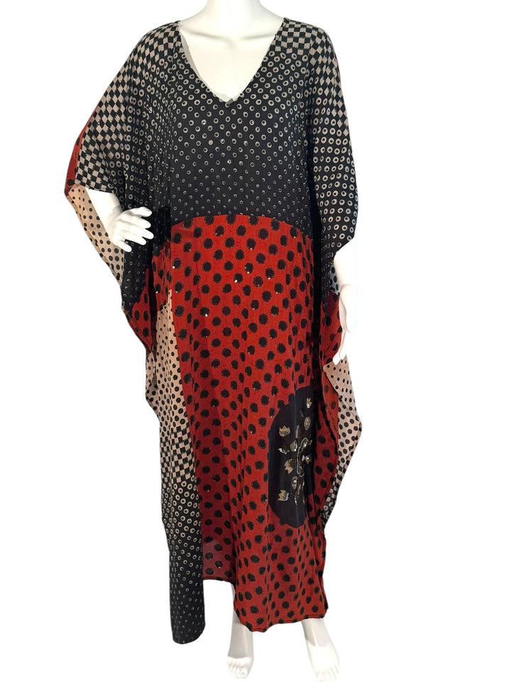 Ivy Kaftan by Silk Ranch in red with black polka dots  vintage silk with black sequins, front view