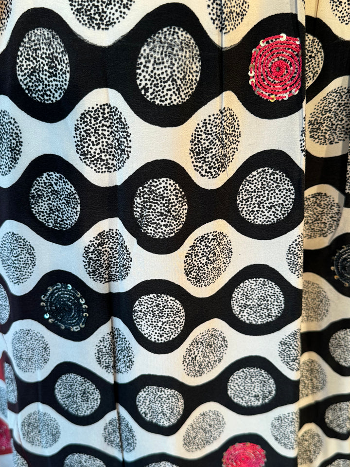 Black and white vintage silk with red embroidery