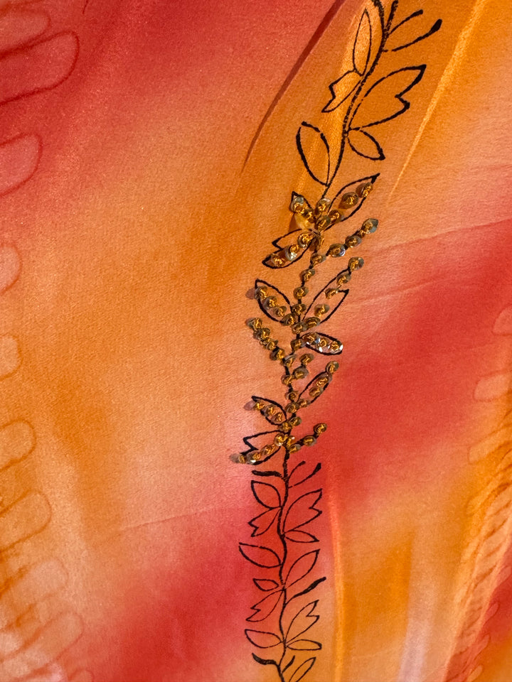Orange and pink vintage silk with gold embroidered vines