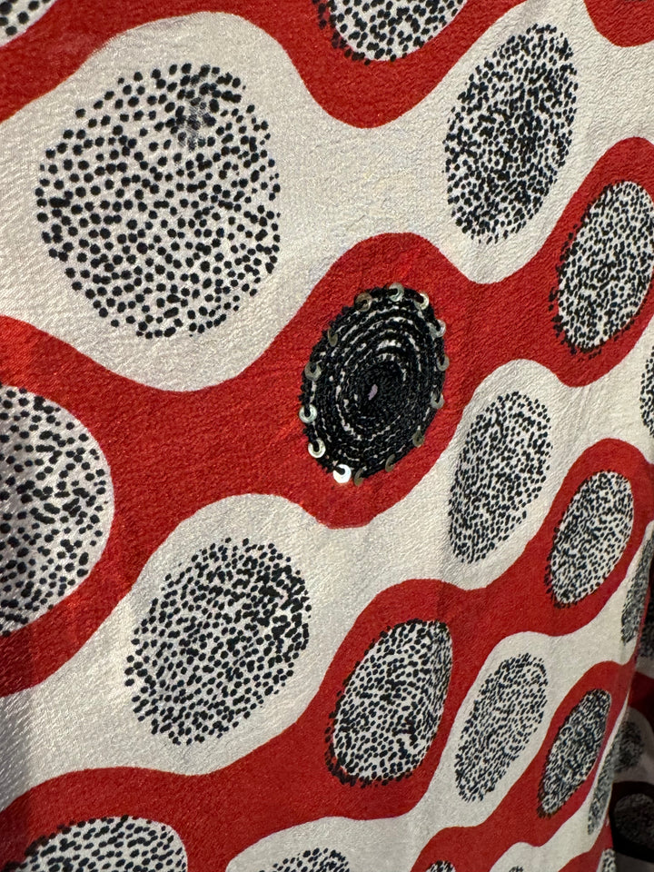 Red black and white vintage silk with black embroidery