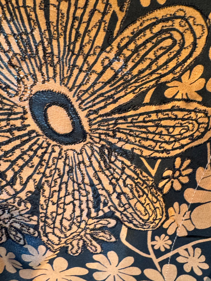 Black and copper vintage silk print with black embroidery