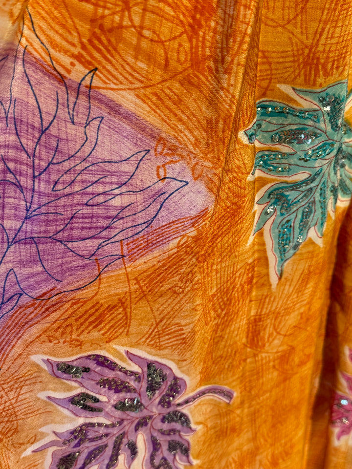 Orange vintage silk with green and purple floral design and embroidery