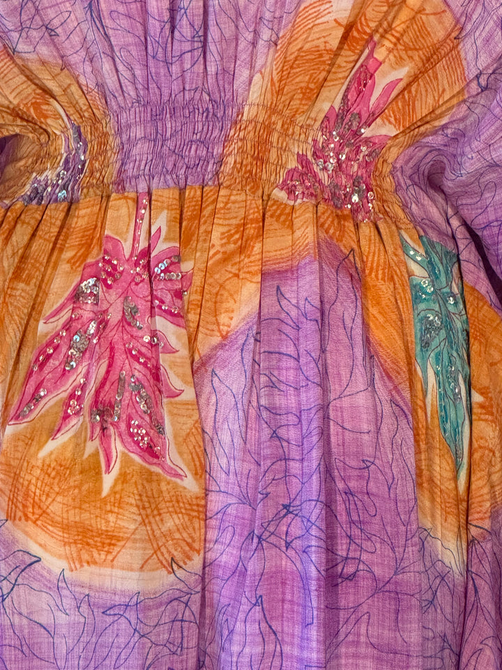 Orange and purple vintage silk with pink and green flowers and sequins