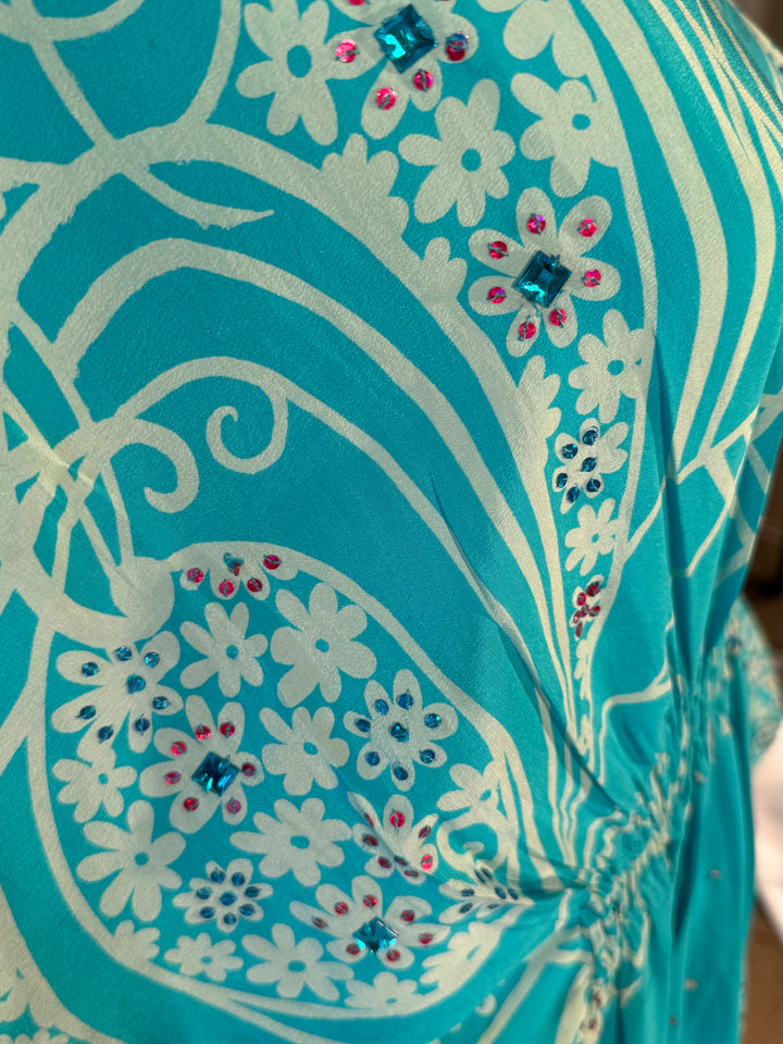 Blue vintage silk with light patter and pink and blue faux jewel sequins