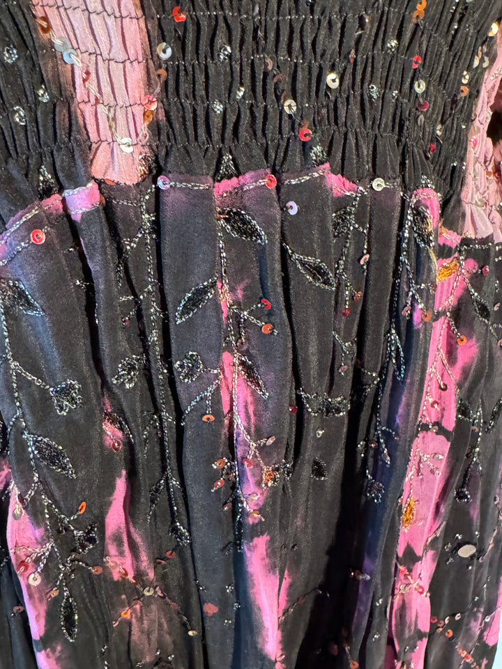 Black and pink dip dyed vintage silk with intricate embroidery
