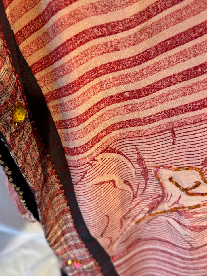 Pink and tan striped vintage silk with embroidery