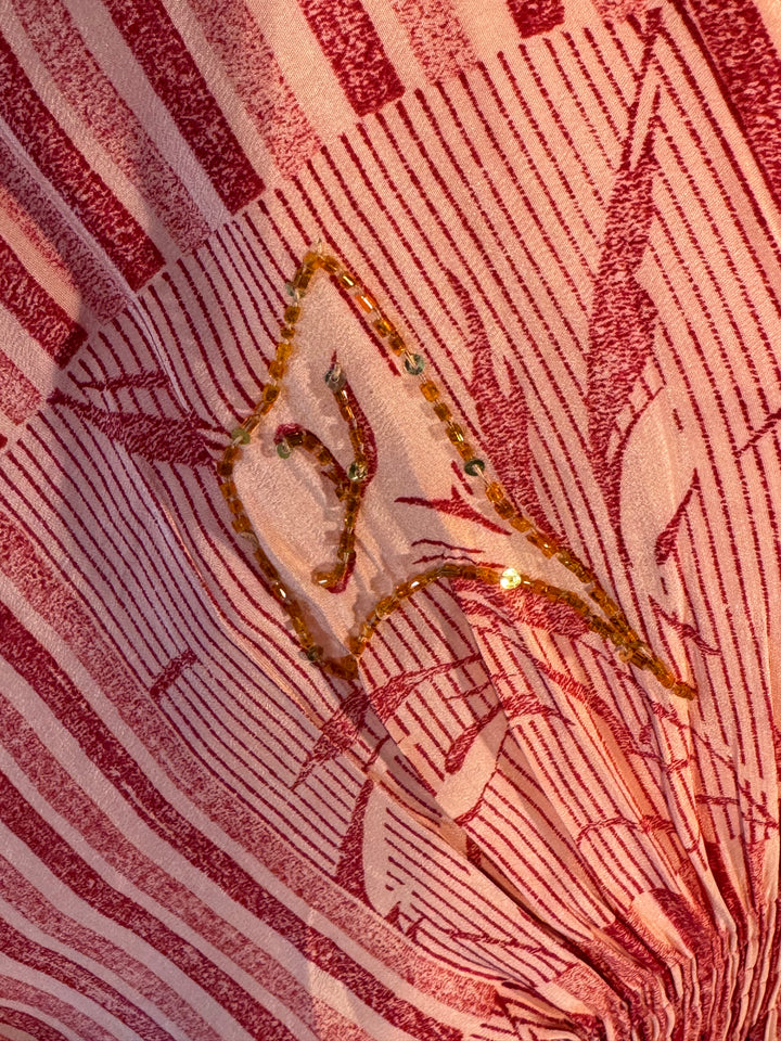 Tan and pink striped vintage silk with sequined embroidery