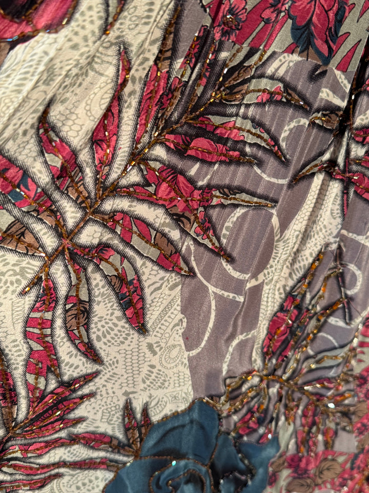 Cream vintage silk with red and blue floral and sequin embroidery