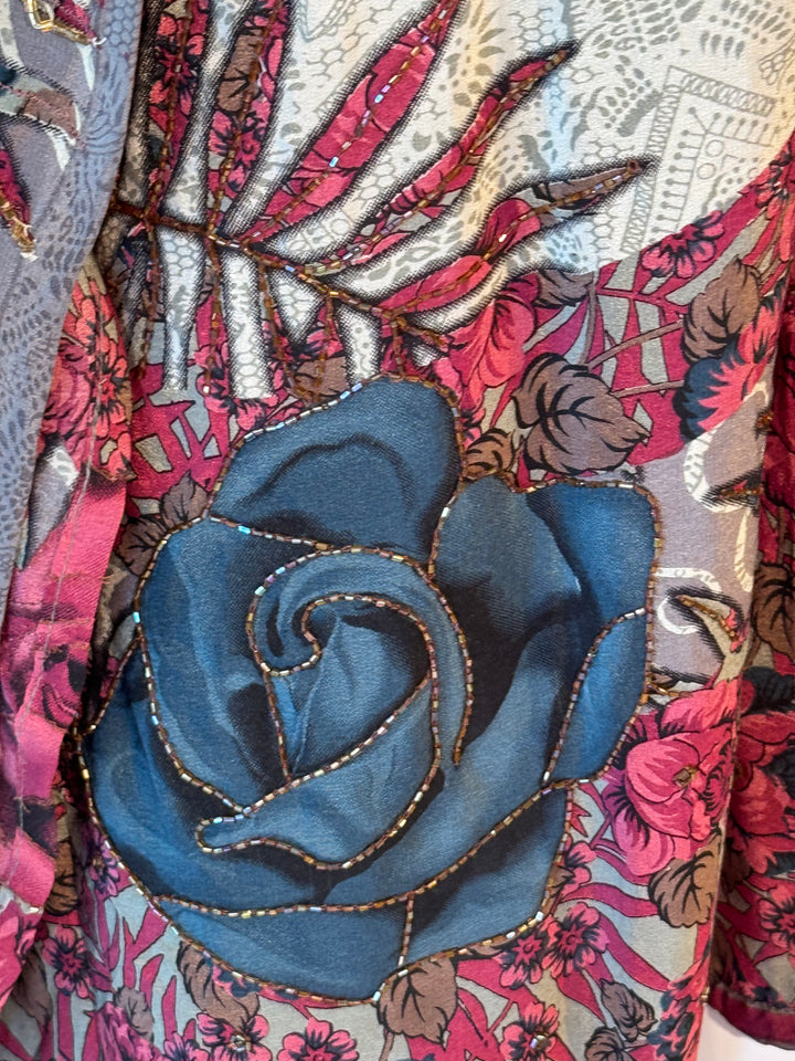 Cream vintage silk with blue and red floral and metallic embroidery