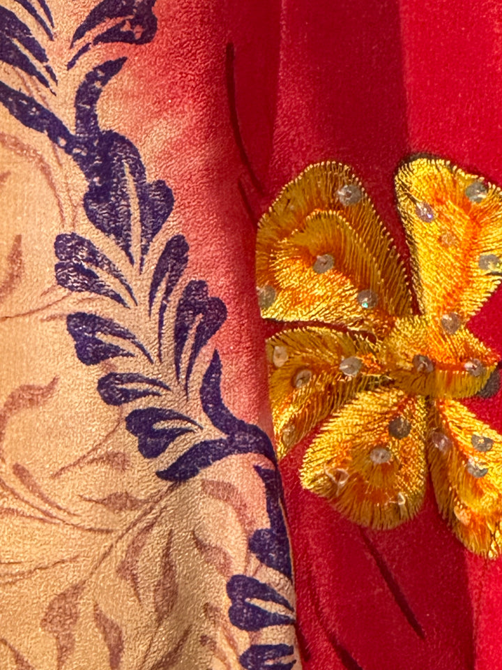 Tan and red vintage silk with blue print and yellow embroidered flower