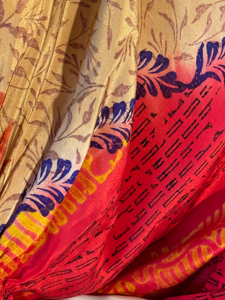 Tan red vintage silk with blue yellow and brown print