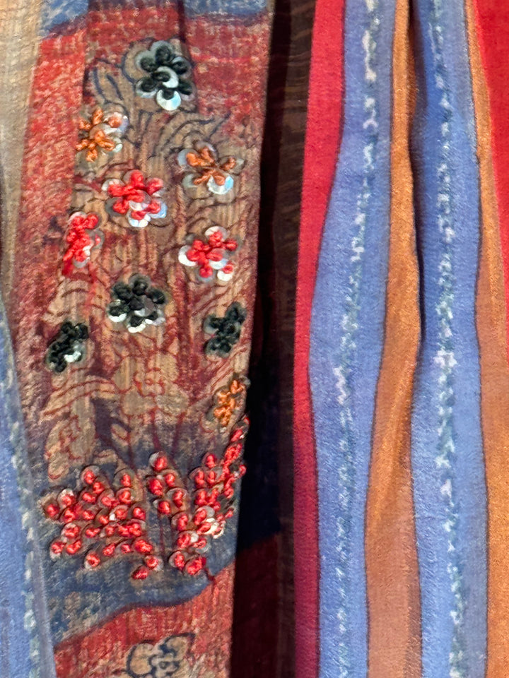 Blue red and tan stripe vintage silk with floral embroidery