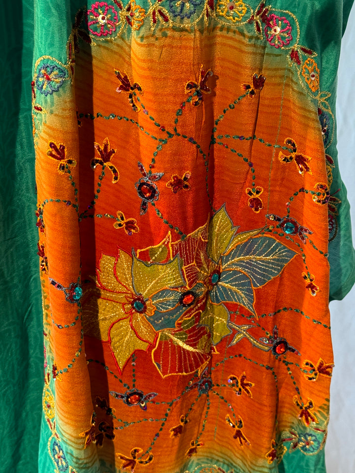 Rust and blue green vintage silk with intricate floral embroidery and sequins