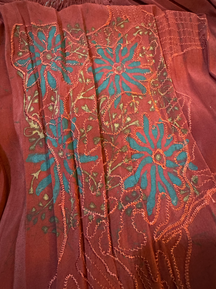 Deep red vintage silk with blue and gold embroidery for XXL kaftan