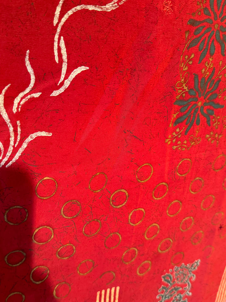 Deep red vintage silk with gold and blue print and embroidery