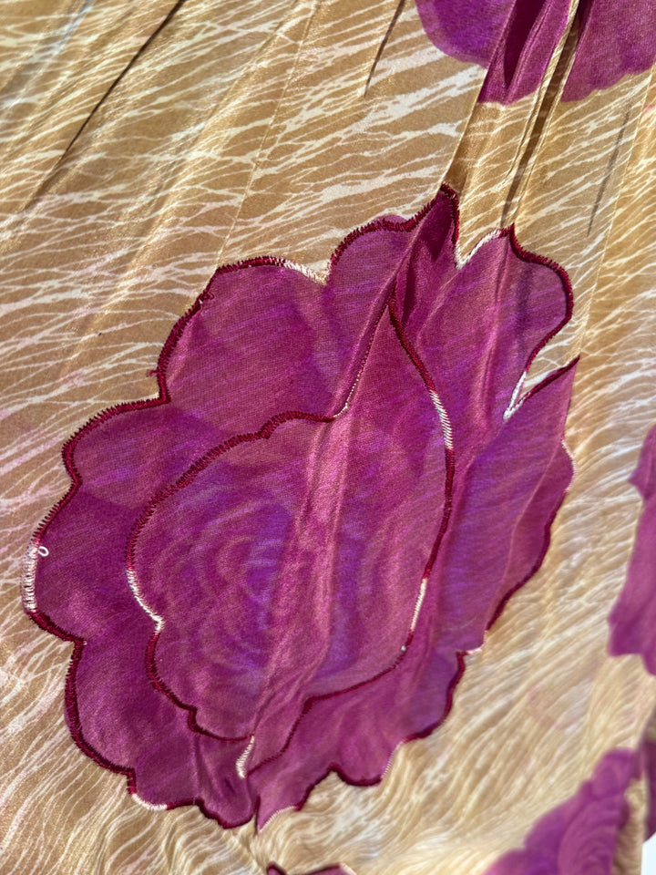 Tan vintage silk with fuschia flowers and pink and white embroidery