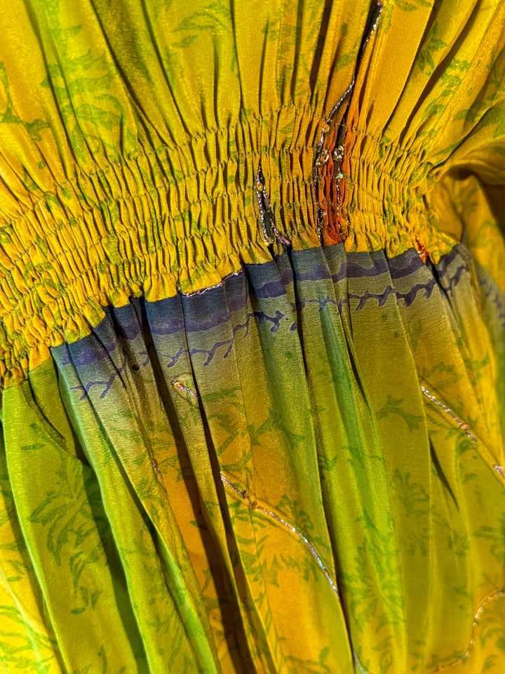 Yellow green vintage silk with blue and embroidery