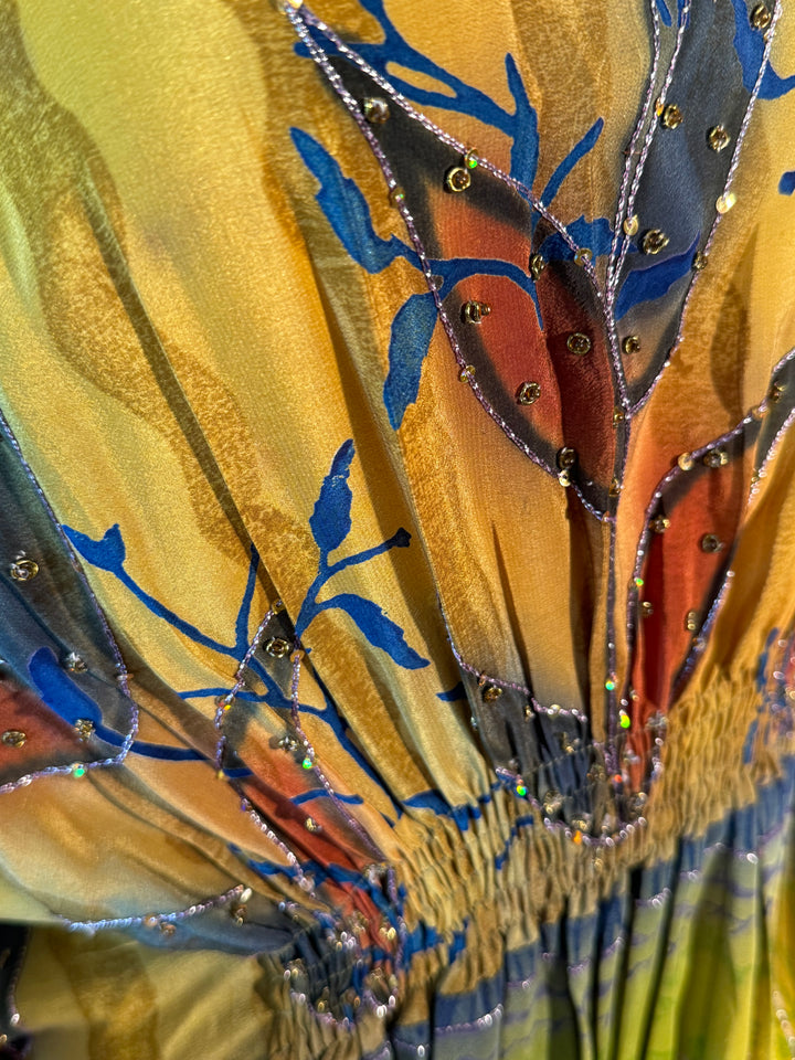 Yellow green vintage silk with blue floral vines and metallic embroidery