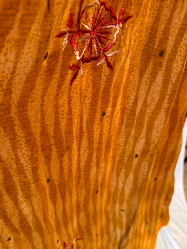 Gold and orange vintage silk in stripe with red embroidery