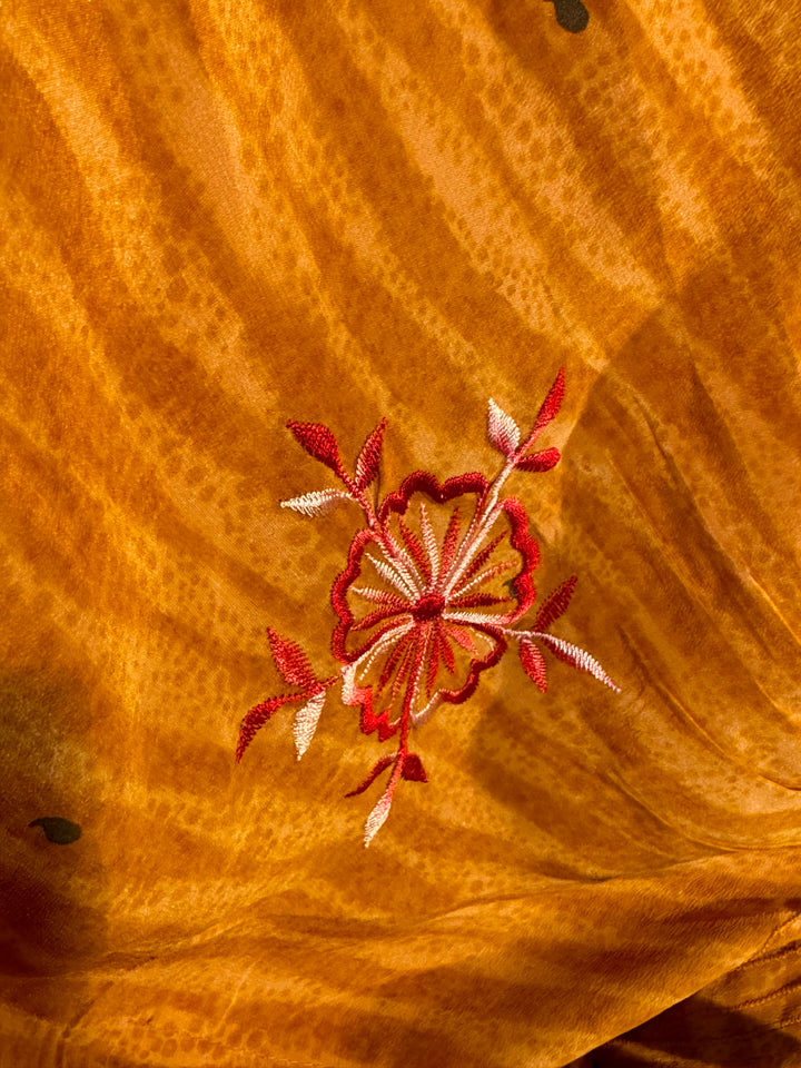 Red embroidered flower on gold and orange striped vintage silk