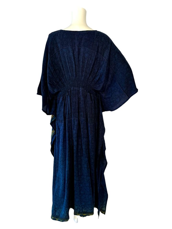 Navy vintage silk kaftan back view with tonal pattern in XXL