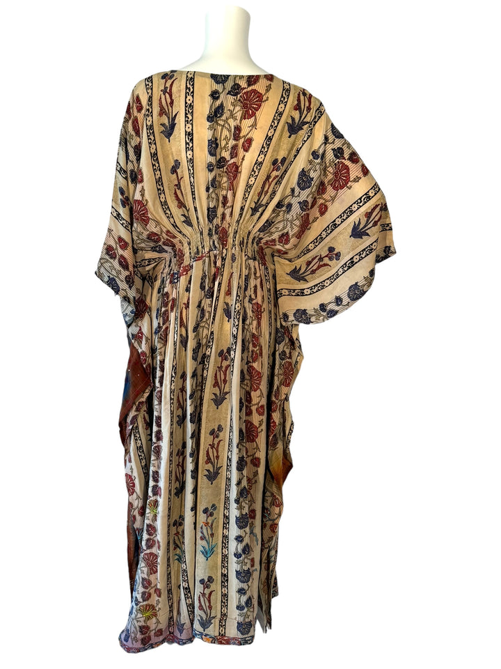 Back view of tan vintage silk XXL kaftan with navy and dark red print