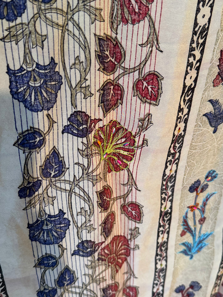 Tan vientage silk with navy and red floral vine