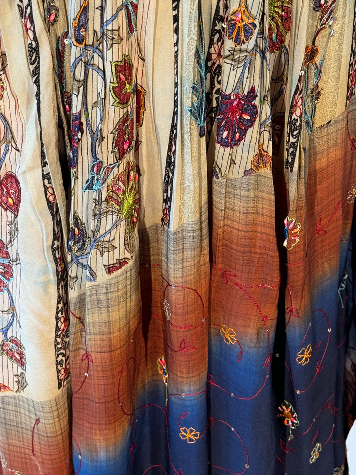 Tan vintage silk with blue and rust border and embroidery and colored  faux jewels and sequins
