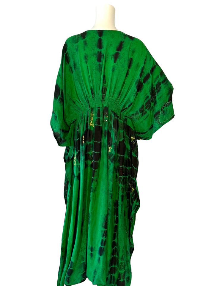 Back view of vintage silk XXL kaftan in dip dyed green with yellow embroidery