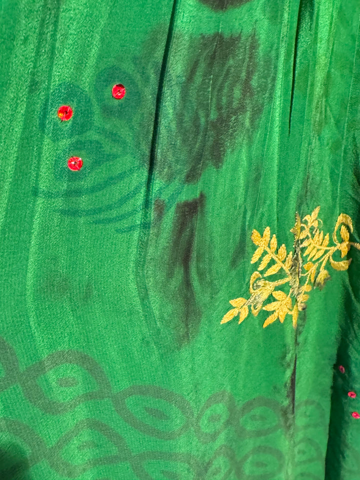 Vintage silk in green dip dye with yellow embroidery and red sequins