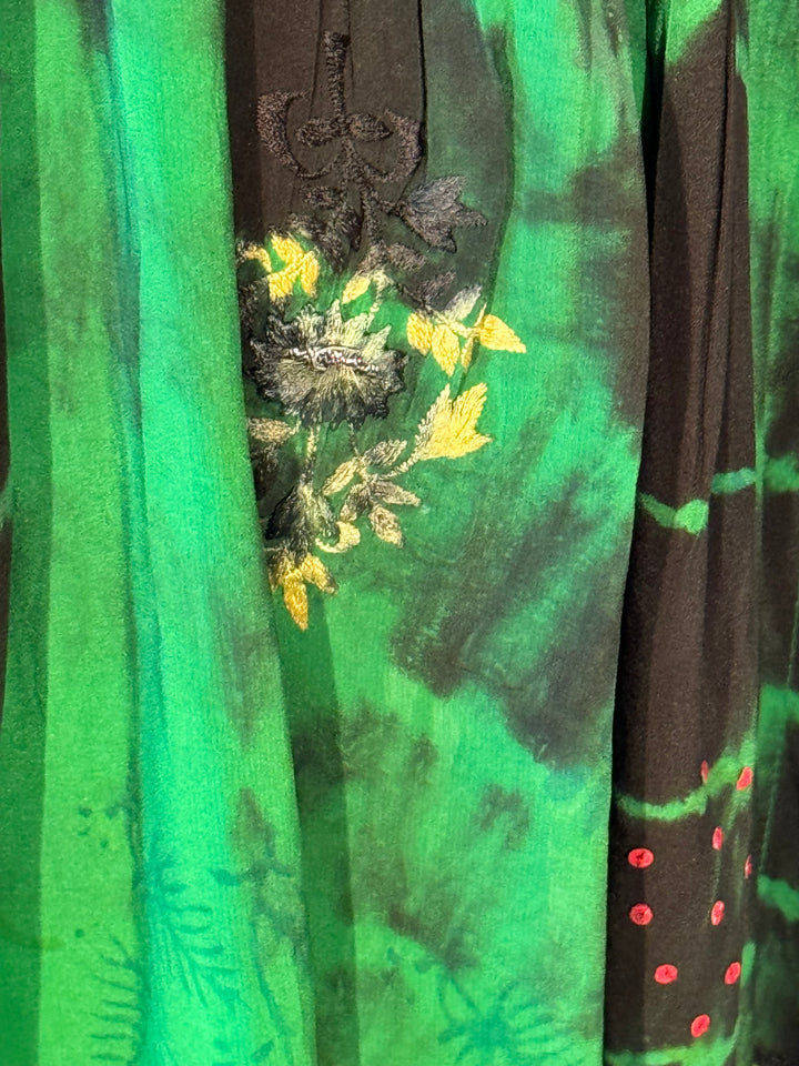 Green and black dip dyed vintage silk with yellow embroidery and red sequins